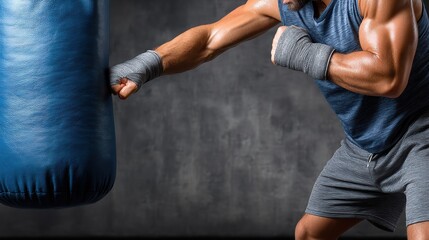 A muscular man in workout attire punches a heavy punching bag during training