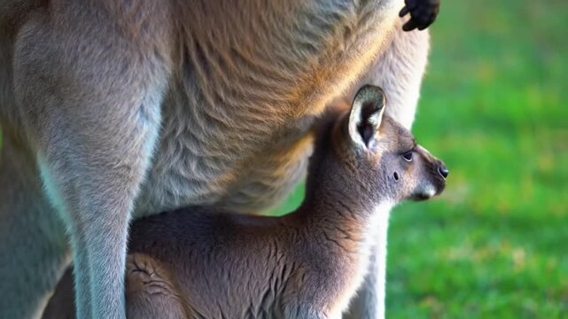 A kangaroo joey peeking from its mother&rsquo;s pouch in soft afternoon light, detailed fur and grassy background