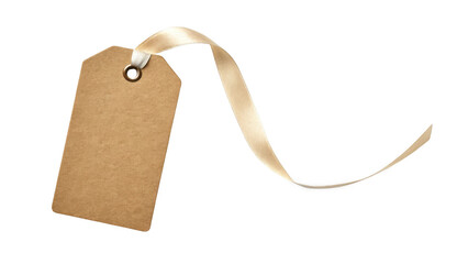 Blank kraft paper gift tag with satin ribbon isolated on transparent background