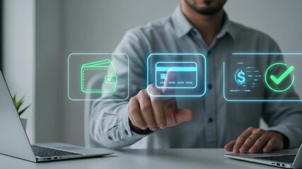 Online payment and secure digital banking concept showing a man completing a fintech transaction with a credit card on a futuristic virtual interface for e-commerce. - Powered by Adobe
