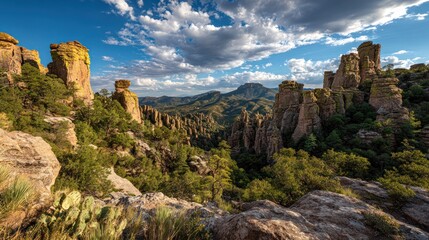 Fototapeta premium Majestic stone formations rise against a vibrant sky, highlighting natural beauty of a landscape