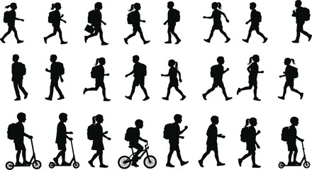 Silhouettes of school children walking, riding scooters and bicycles, back to school concept, kids commuting with backpacks, black vector figure.eps