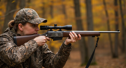 Fototapeta premium Woman aiming rifle while hunting in autumn forest 