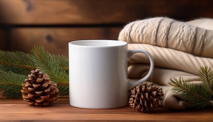 a cozy scene featuring a blank white mug on a wooden table surrounded by warm blankets and decorative pine cones