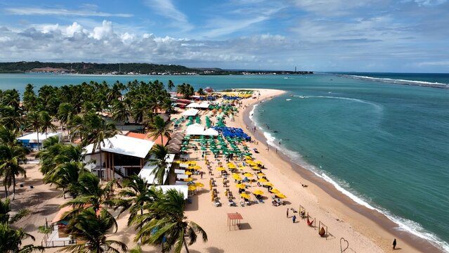 Gunga Beach In Maceio Alagoas Brazil. Aerial View Of Stunning Beach With Crystal Clear Waters. Shore Clouds Sky Beach Sea. Shore Beach Scenic Coastline. Maceio Alagoas.