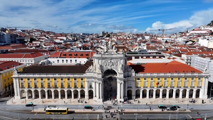 Obraz premium Lisbon Skyline In Lisbon Portugal. Aerial View Of A City Park Surrounded By Busy Streets And Buildings. Business Clouds Sky Downtown Cityscape. Backgrounds Panoramic. Lisbon Portugal.