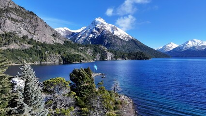 Obraz premium Chico Circuit In San Carlos De Bariloche Rio Negro Argentina. Tropical River With A Scenic Forest Trees Viewed From Above. Outdoor Travel Patagonia Glacier. Outdoor Patagonia Aerial View.