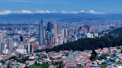 Naklejka premium Bogota Skyline In Bogota Cundinamarca Colombia. Capturing The Hustle And Bustle Of A Vibrant City From Above. Metropolitan Landscape Commercial Building Amazing. Commercial Building.