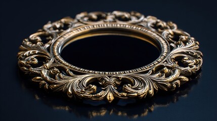 Obraz premium An ornate golden oval frame with intricate swirling details surrounds a reflective black surface
