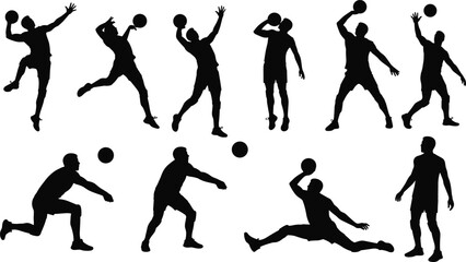 Silhouettes of volleyball players, jumping, serving, spiking, diving, athletic action, sports movement, team game, volleyball ball, isolated white backgroun.eps