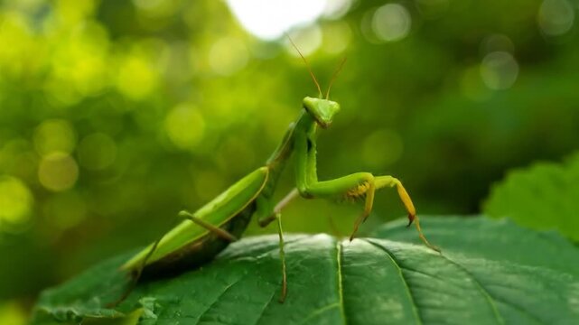 Praying Mantis Perched on Green Leaf in Lush Garden, Detailed Close-Up Video