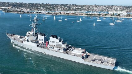 Navy Ship In San Diego California United States. Breathtaking Of Iconic Military Ship Viewed From...