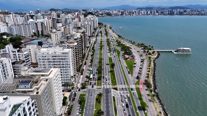 Obraz premium Florianopolis Skyline In Florianopolis Santa Catarina Brazil. Breathtaking Aerial View Of Busy Traffic In A Freeway Road. Industrial Landscape Buildings Stunning. Urban Buildings Town.