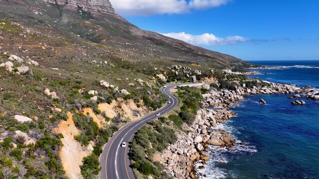 Coast Road In Cape Town Western Cape South Africa. Highway Interchange Crossing City With Traffic Jam. Shore Clouds Sky Beach Sea. Seaside Panorama. Cape Town Western Cape.