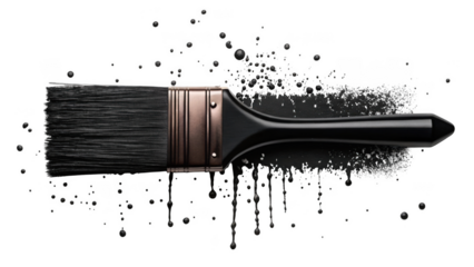 Close up of a black paintbrush with black paint splatters isolated on transparent background