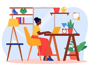 Fototapeta premium illustration of a dark-skinned woman with her hair in a bun working at a wooden desk with a laptop and a cup. The room has a bookshelf with books and decorations, a desk lamp, a window with an outside