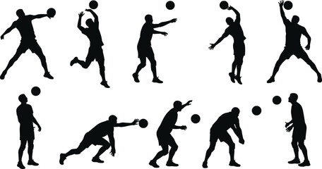  Volleyball players silhouette, jumping, spiking, serving, blocking, diving, hitting, team sport, dynamic action, athletic movements, ball game, isolated