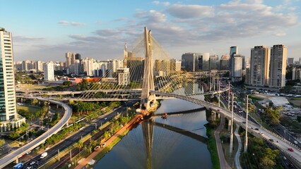 Obraz premium Cable Bridge In Downtown Sao Paulo Brazil. Aerial View Of Landmark Bridge Showcasing Its Intricate Design . Town Sky Backgrounds Urban. Outside Backgrounds Up Above. Downtown Sao Paulo.