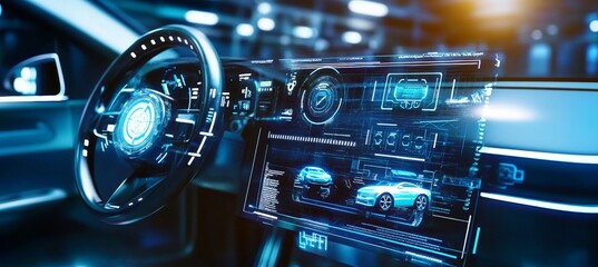 Futuristic driving experience with electric car design and augmented reality display technology.