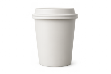 Realistic mockup of white disposable paper cup with plastic lid on transparent background, ideal for showcasing branding or designs