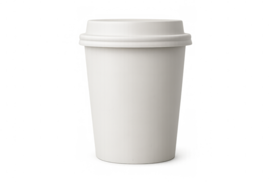 Realistic mockup of white disposable paper cup with plastic lid on transparent background, ideal for showcasing branding or designs