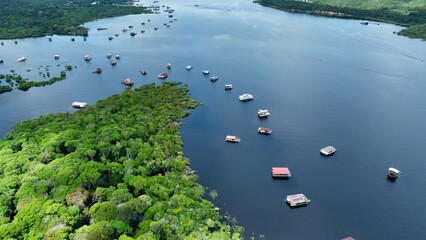 Amazonian Rainforest In Manaus Amazonas Brazil. Stunning River Winds Through A Lush Tropical Rainforest. Travel Environmental Wilderness Jungle. Travel Rainy Season. Manaus Amazonas.