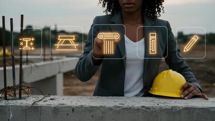 Innovative construction technology showing a Black female architect using a futuristic holographic interface with glowing icons for project planning on a building site at dusk. - Powered by Adobe
