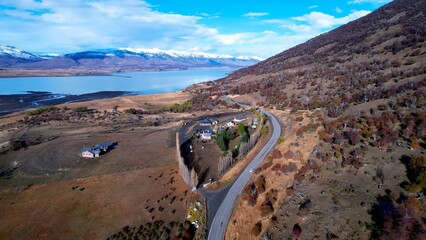 Patagonia Landscape In El Calafate Santa Cruz Argentina. Highway Interchange Crossing City With Traffic Jam. Snowing Tourism Patagonia Landscape Snow Mountain. Snowing Glacier.