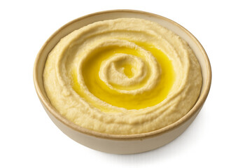 Bowl of hummus with swirling olive oil on transparent background