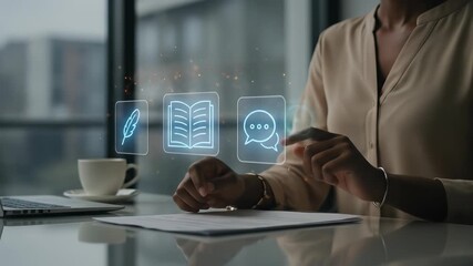 A Black businesswoman interacts with a futuristic holographic interface displaying icons for storytelling, communication, and knowledge, symbolizing business innovation and content creation technology - Powered by Adobe