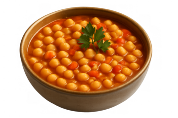 Bowl of chickpea soup garnished with parsley on transparent background