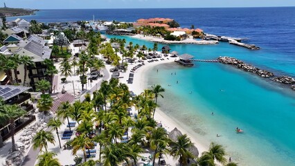 Beach Resort In Willemstad Netherlands Curacao. Bird Eye View Of A Amazing Coastal Beach In The Summer Holiday. Coast Horizon Seaside Summertime. Coast Panoramic. Willemstad Netherlands.