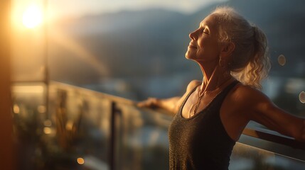 "female senior practicing yoga on a sunrise-lit balcony, healthy aging, peaceful expression, natural light with bokeh, mountains in background, soft textures, regenerative lifestyle, hyper-realistic