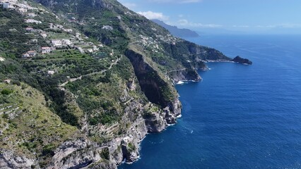 Amalfi Coast In Amalfi Salerno Italy. Stunning Tropical Coastline Beach Scene Viewed From Above. Coast Horizon Seaside Summertime. Coast Panoramic. Amalfi Salerno.