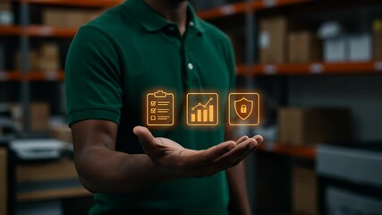 Inventory management in a modern warehouse, a Black manager uses futuristic digital hologram technology to control supply chain logistics, data analytics, and security. - Powered by Adobe