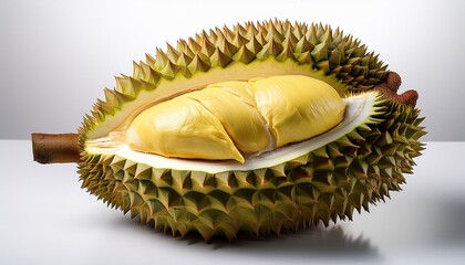 Obraz premium a freshly opened durian is displayed on a white background showcasing its golden yellow creamy flesh surrounded by spiky green rind known for its strong aroma durian is a prized tropical fruit