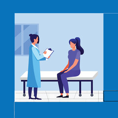 Doctor consulting a female patient in a medical office. Vector illustration for healthcare concepts.
