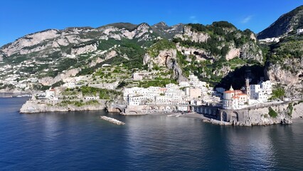 Fototapeta premium Amalfi Coast In Amalfi Salerno Italy. Birds Eye View Of Stunning Cityscape With Streets And Buildings. Deserted Landscape Peaceful Amazing. Peaceful. Amalfi Salerno.