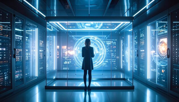 Woman Viewing Data in a Server Room with Glowing Screens