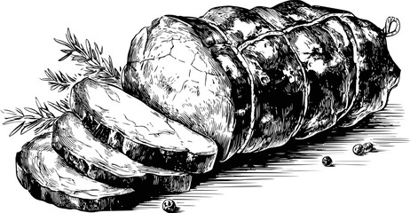 Fototapeta premium Black and white illustration of sliced rolled roast with herbs. Vector sketch illustration