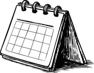 Black and white illustration of a desktop calendar showing a month view. Vector illustration