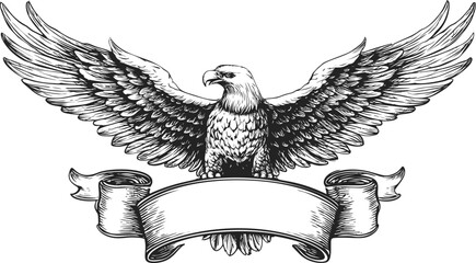 Eagle with widespread wings and banner in black and white sketch. Vector illustration