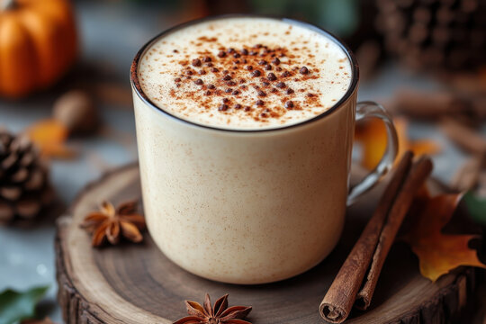 Glass of pumpkin spice latte with cinnamon and anise.