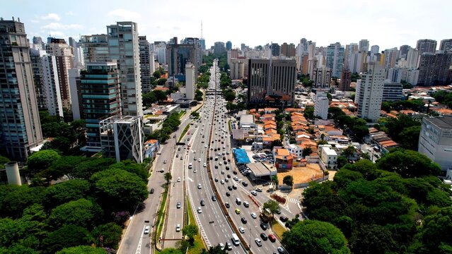 23Rd May Avenue In Sao Paulo Brazil. Amazing Skysrapers And Traffic On Street Viewed From Above. Metropolitan Landscape Commercial Building Amazing. Commercial Building. Sao Paulo Brazil.