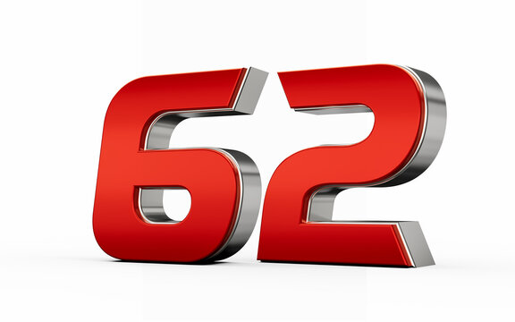 Metallic Red number 62 or Sixty two with silver edges stands on a white background. 3d illustration