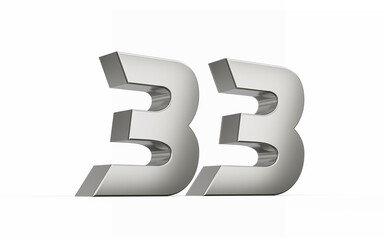 3d Silver number 33 Thirty three sleek metallic look isolated on white background, 3d illustration