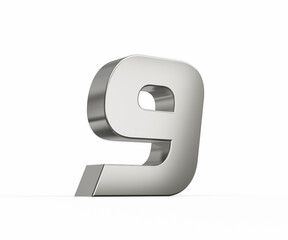 3d Silver number 9 Nine sleek metallic look isolated on white background, 3d illustration