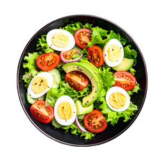 Healthy Keto Salad with Avocado and Egg in a Black Bowl - Top View isolated on white background 