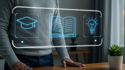 Digital Education: Adult Man Uses Holographic Interface for Online Learning, Knowledge, and Future Innovation.