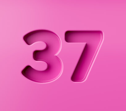 Vibrant pink number 37 Thirty seven embossed on a pink background, 3d illustration
